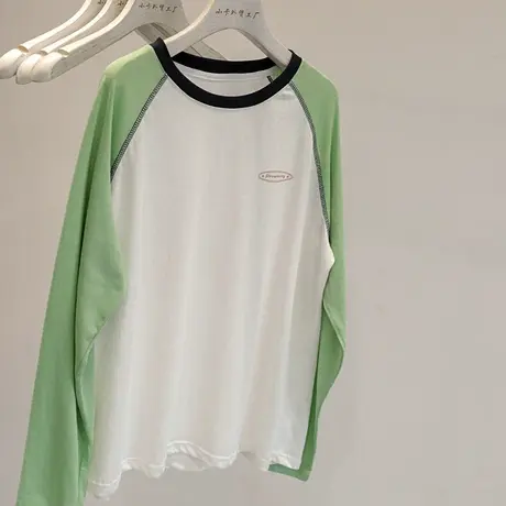 时髦撞色~2023秋装新款插肩袖后背印花宽松长袖T恤女打底衫上衣商品大图