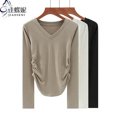 春秋新款韩版V领褶皱下摆圆弧修身纯棉长袖体恤上衣内搭女打底衫图片