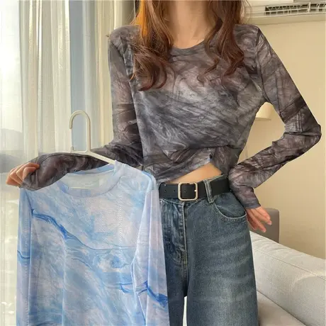 防晒衣内搭长袖扎染t恤女2024夏新款网纱打底衫薄款冰丝上衣罩衫商品大图
