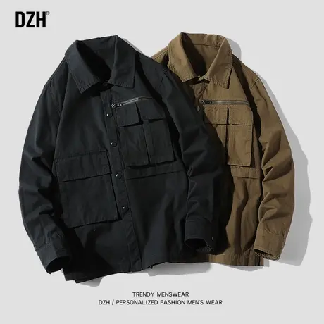 男士港风复古工装衬衫男长袖ins潮秋季纯棉衬衣2023新款休闲外套商品大图