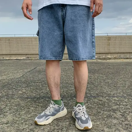 胖子重磅中裤牛仔短裤男士口袋宽松加肥加大码浅色夏季肥佬五分裤图片