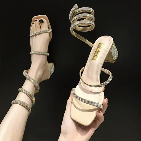 蛇形缠绕凉鞋女仙女风2024新款夏季时尚水钻百搭高跟鞋女粗跟女鞋商品大图
