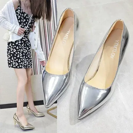 细跟高跟鞋女2023年新款春秋银色气质网红职业设计感小众单鞋子图片