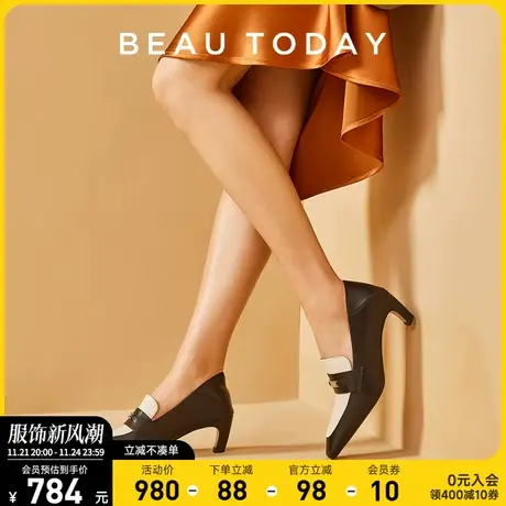 BeauToday尖头高跟鞋女冬季BT细跟拼色法式单鞋女真皮休闲皮鞋图片