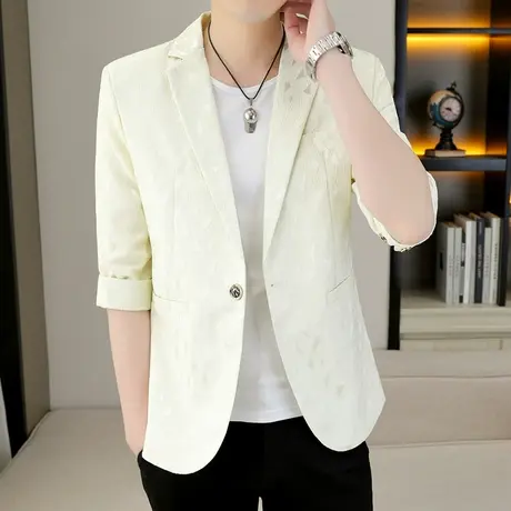 七分袖西装外套男士潮流韩版五分中袖夏季薄款外套痞帅修身小西服图片