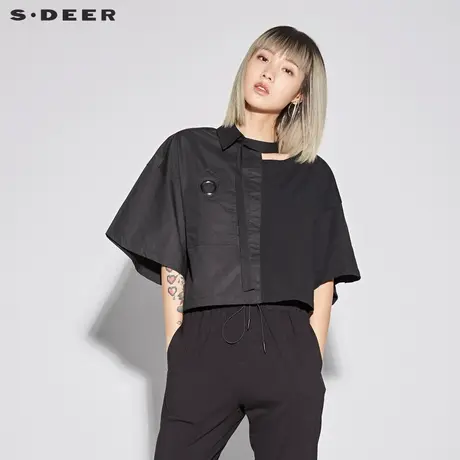 sdeer圣迪奥女装酷黑设计感拼接圆环镂空休闲中袖衬衫S18280412图片