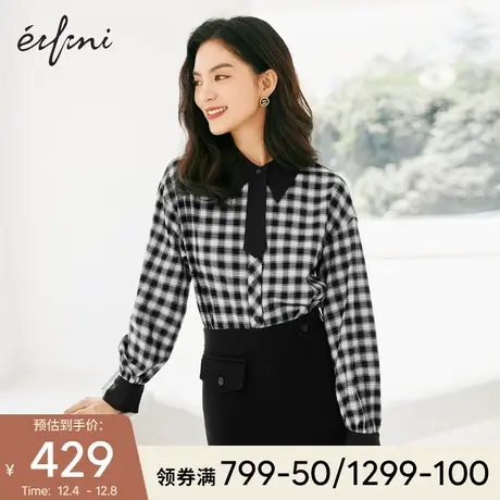 伊芙丽内搭格子衬衫女2021冬季新款撞色衬衣百搭中长款女士小上衣商品大图
