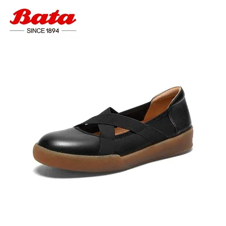 奥莱Bata浅口鞋女秋季新款牛皮舒适通勤百搭条带奶奶鞋58217CQ3图片
