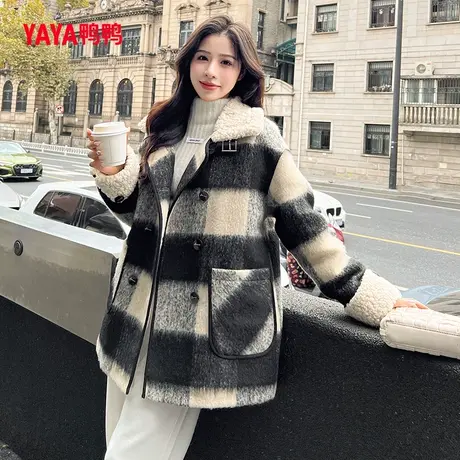 鸭鸭羽绒服女2023冬新品中长款时尚百搭拼接羊羔毛翻领鸭绒保暖C图片