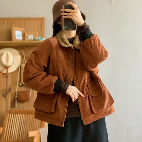 dza 复古大翻毛领灯芯绒加厚棉衣外套女冬短款大口袋宽松棉服上衣商品大图