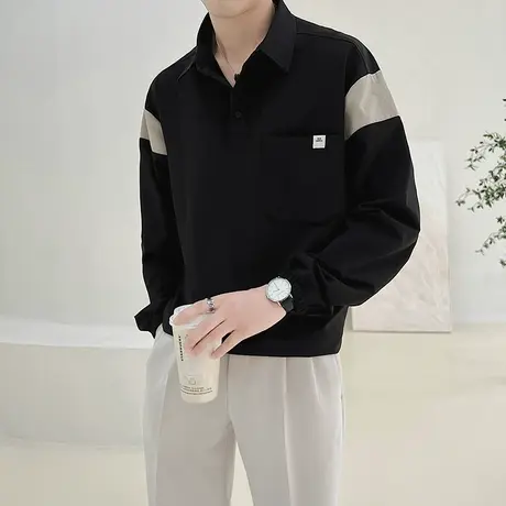 秋季男拼接设计卫衣痞帅休闲POLO衫长袖上衣潮流宽松高级打底t恤商品大图