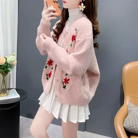 甜美重工手工钩花针织开衫女春季2024新款宽松小清新毛衣外套上衣商品大图