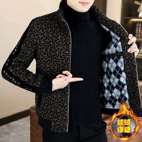 冬款加绒加厚男装毛呢外套潮牌痞帅立领高级感金貂绒短款男士夹克图片