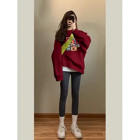 美式复古卫衣女印花中长款冬季休闲宽松显瘦轮廓加绒加厚保暖上衣商品大图