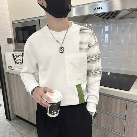 韩版潮流条纹拼接卫衣男2023春秋季休闲上衣外套高级感长袖打底衫商品大图