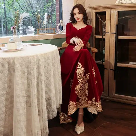 中式敬酒服新娘2023新款冬季丝绒长袖冬天结婚订婚回门礼服中国风商品大图
