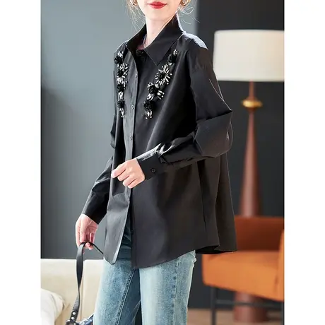 宝诗黎OL气质钉钻棉质衬衫女2024春季新款设计感通勤黑色衬衣潮图片