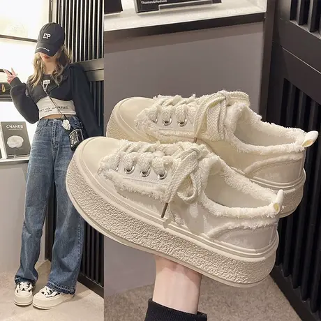 新款帆布鞋女2024年春季新款女鞋百搭增高厚底小白鞋运动休闲板鞋商品大图