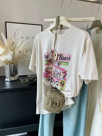 凉爽薄款宽松显瘦纯棉雪花棉卡通印花短袖T恤女 青春减龄杏色体恤商品大图