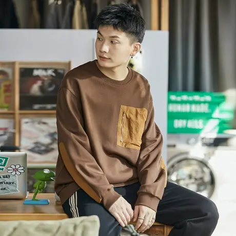 唐狮春秋季圆领卫衣男士拼接宽松黑色有口袋上衣外套潮牌运动商品大图