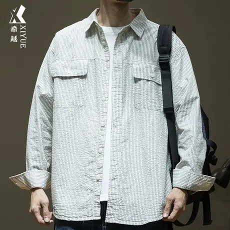 希越日系条纹长袖衬衫男春季美式休闲宽松大码男士泡泡纱纯棉外套商品大图