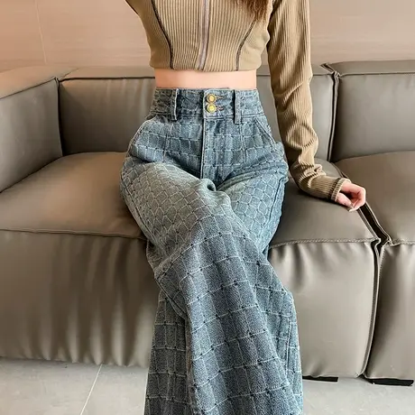 复古格子牛仔裤女2024年春秋新款高腰显瘦直筒做旧提花阔腿拖地裤图片