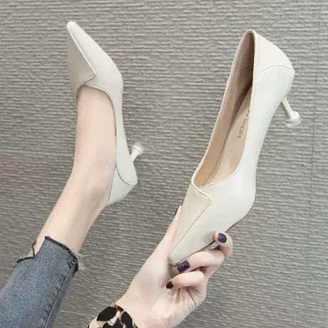 高跟鞋女款2024新款细跟浅口鞋子春秋季尖头超火百搭法式白色单鞋图片