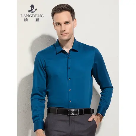 浪登男士长袖衬衫修身时尚百搭蓝色休闲衬衣男抗皱易打理上衣职业商品大图