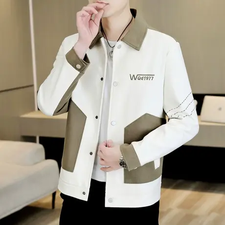 2024新款春秋季外套男翻领百搭工款褂子上衣潮流男装拼色刺绣夹克商品大图