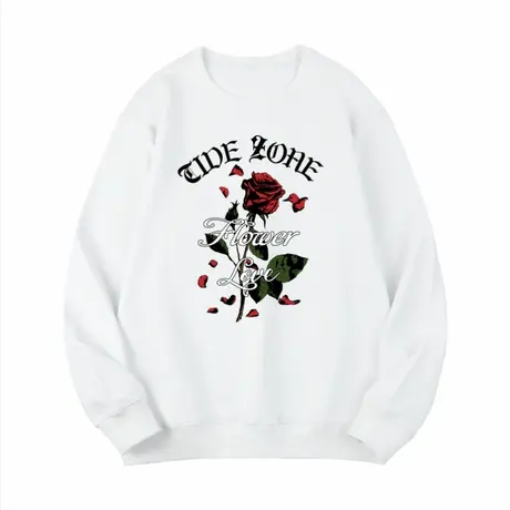 Ohlyah落叶红玫瑰印花卫衣男2023秋新款美式圆领宽松青少年学生图片