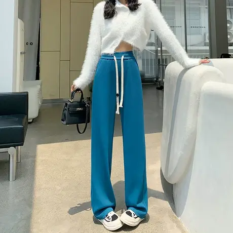 蓝色窄版阔腿裤女2024年新款高腰垂坠感显瘦直筒抽绳休闲拖地裤子图片