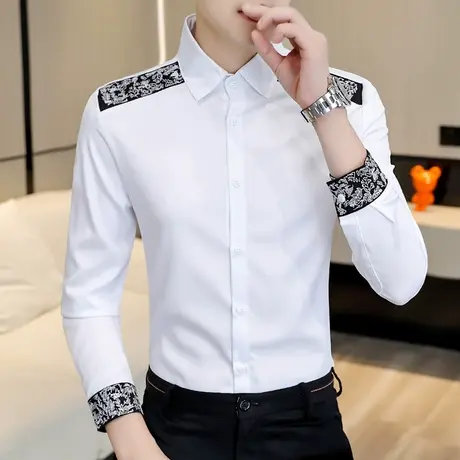 高级感炸街衬衫男潮流韩版白色寸衫秋季男装痞帅休闲印花长袖衬衣商品大图