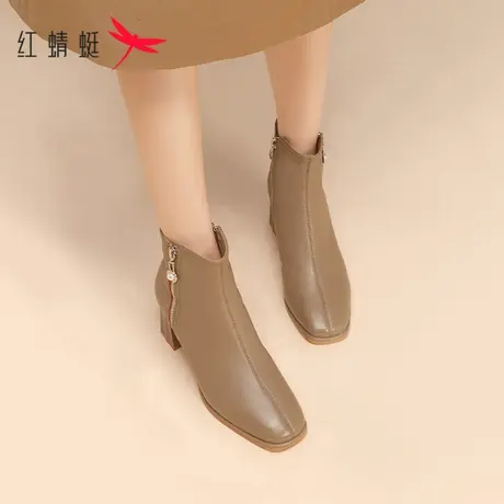 红蜻蜓高跟短靴女2023新款秋冬羊皮方头瘦瘦靴棕色靴子真皮马丁靴商品大图