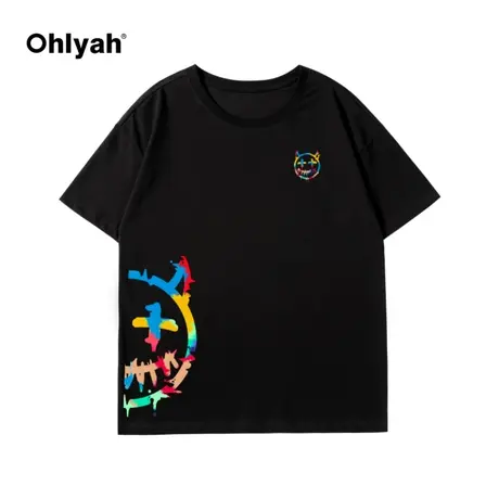 2023新款女装圆领上衣黑色纯棉短袖t恤女夏笑脸印花宽松韩版ins潮商品大图