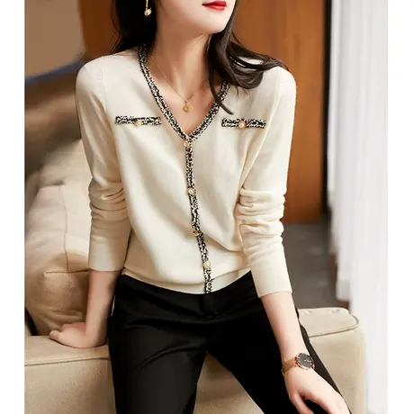 针织长袖薄款V领毛衣女套头2023早秋新款外搭小香风别致上衣外套商品大图