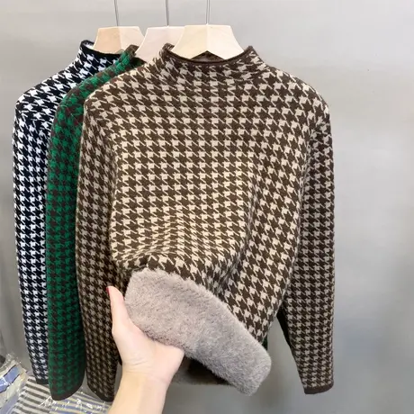 加绒半高领毛衣女加厚打底衫2023秋冬新款千鸟格针织衫一体绒上衣图片