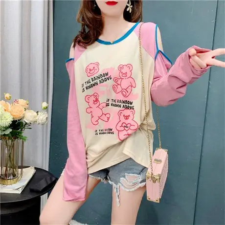 设计感露肩小熊T恤女2022新款夏季撞色拼接中长款长袖防晒衫上衣图片