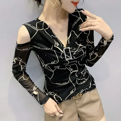 2023春秋新款性感露肩V领T恤复古印花上衣修身百搭打底衫女长袖潮商品大图