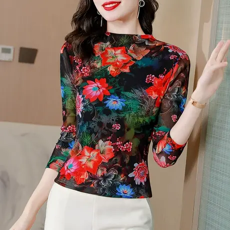 春装网纱半高领打底衫女长袖漂亮减龄年轻修身上衣别致印花T恤ins商品大图