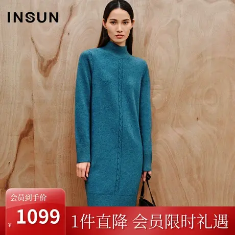 [牦牛绒]恩裳2023秋装新款羊毛混纺麻花高领宽松美拉德毛衣连衣裙商品大图