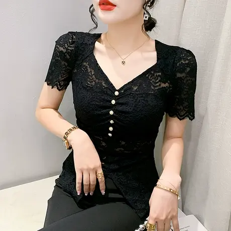 性感V领蕾丝上衣女短袖欧货不规则开叉小衫纯色百搭显瘦T恤夏装潮图片