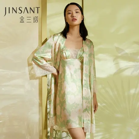 金三塔100%桑蚕丝意盎然真丝印花拼蕾丝女士家居服睡袍单袍新品图片