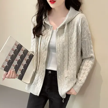 秋季新款2023爆款拉链衫针织连帽衫宽松韩版开衫毛衣慵懒风外套图片