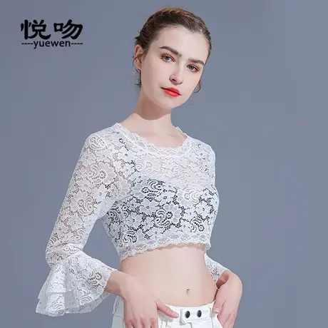 半截蕾丝打底衫女内搭夏薄款洋气喇叭袖小衫别致圆领t恤罩衫短款商品大图
