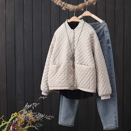 复古文艺菱形格夹棉短外套棉衣女冬季新品宽松立领轻薄棒球服棉袄图片