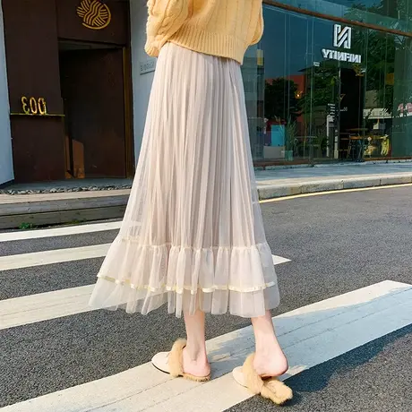 百褶网纱半身裙女秋冬季2023新款中长款显瘦垂感纱裙子冬天配毛衣图片