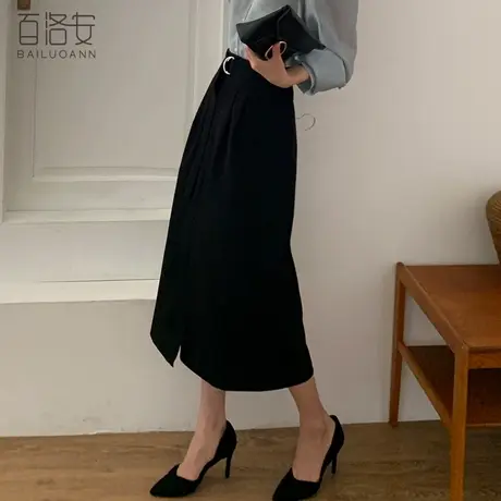 百洛安显瘦高腰a字裙女秋季新款系带收腰中长裙子纯色百搭半身裙图片