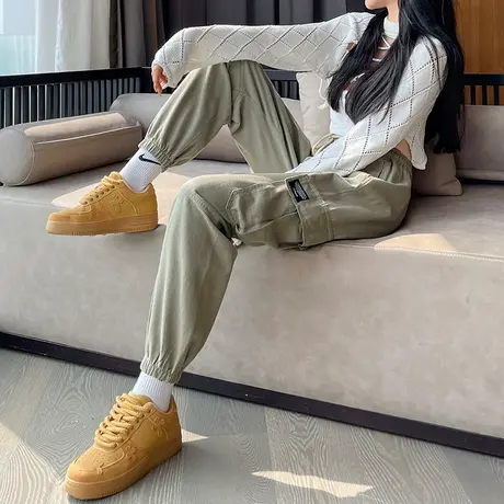 工装运动裤女2023年春秋新款高腰宽松显瘦ins百搭休闲九分束脚裤商品大图