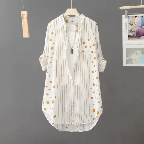 圆点条纹长袖薄款衬衫女夏季新款韩版中长款休闲防晒衫外套开衫潮图片