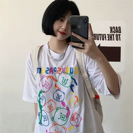 日系复古短袖t恤女2021宽松韩版ins半袖设计感小众chic港味上衣服商品大图